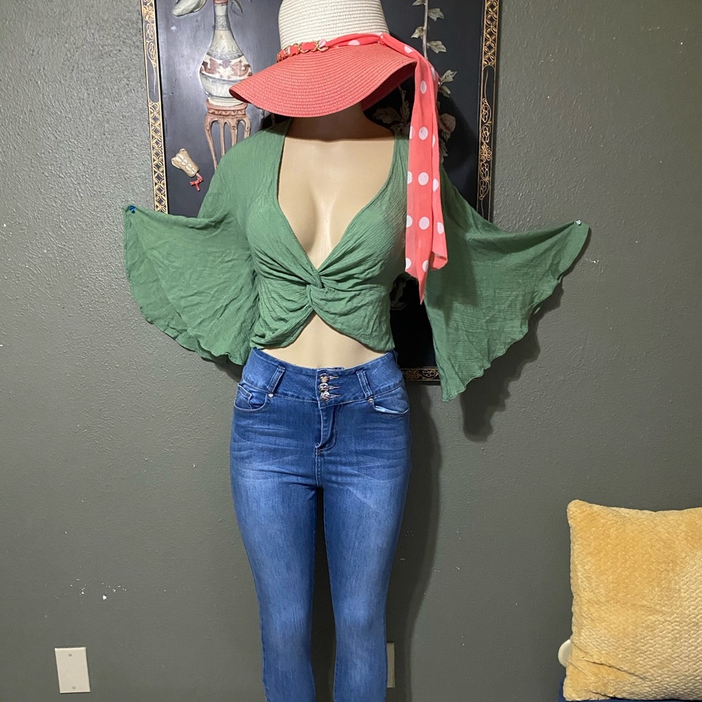 Army green crop top bell bottom sleeves